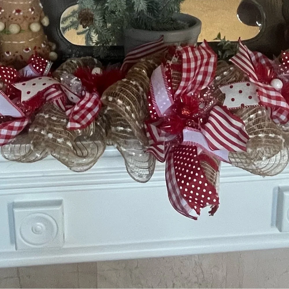 Valentines Day 55” 4 1/2’ Fireplace Door Tabletop GARLAND Red White Plaid Burlap
